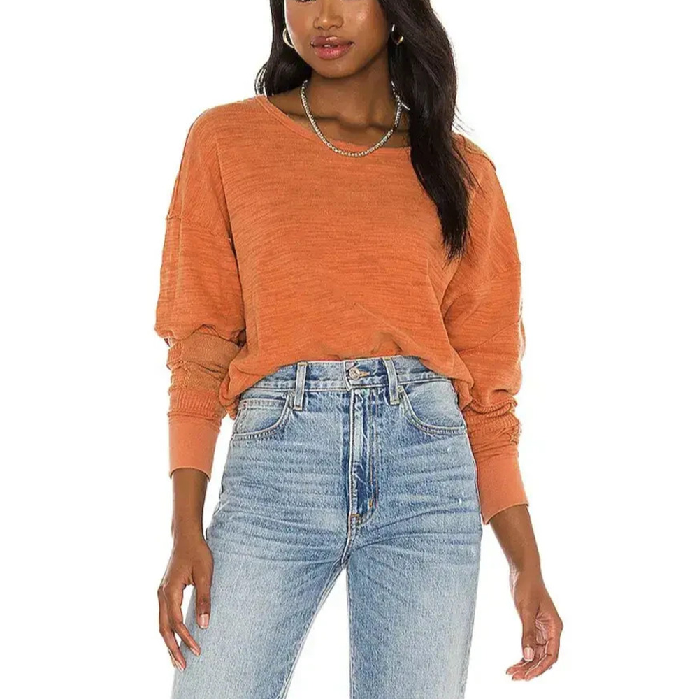 Free People 5 star‎ tee Y2K patches preppy crew sweater brick Orange XS A004908